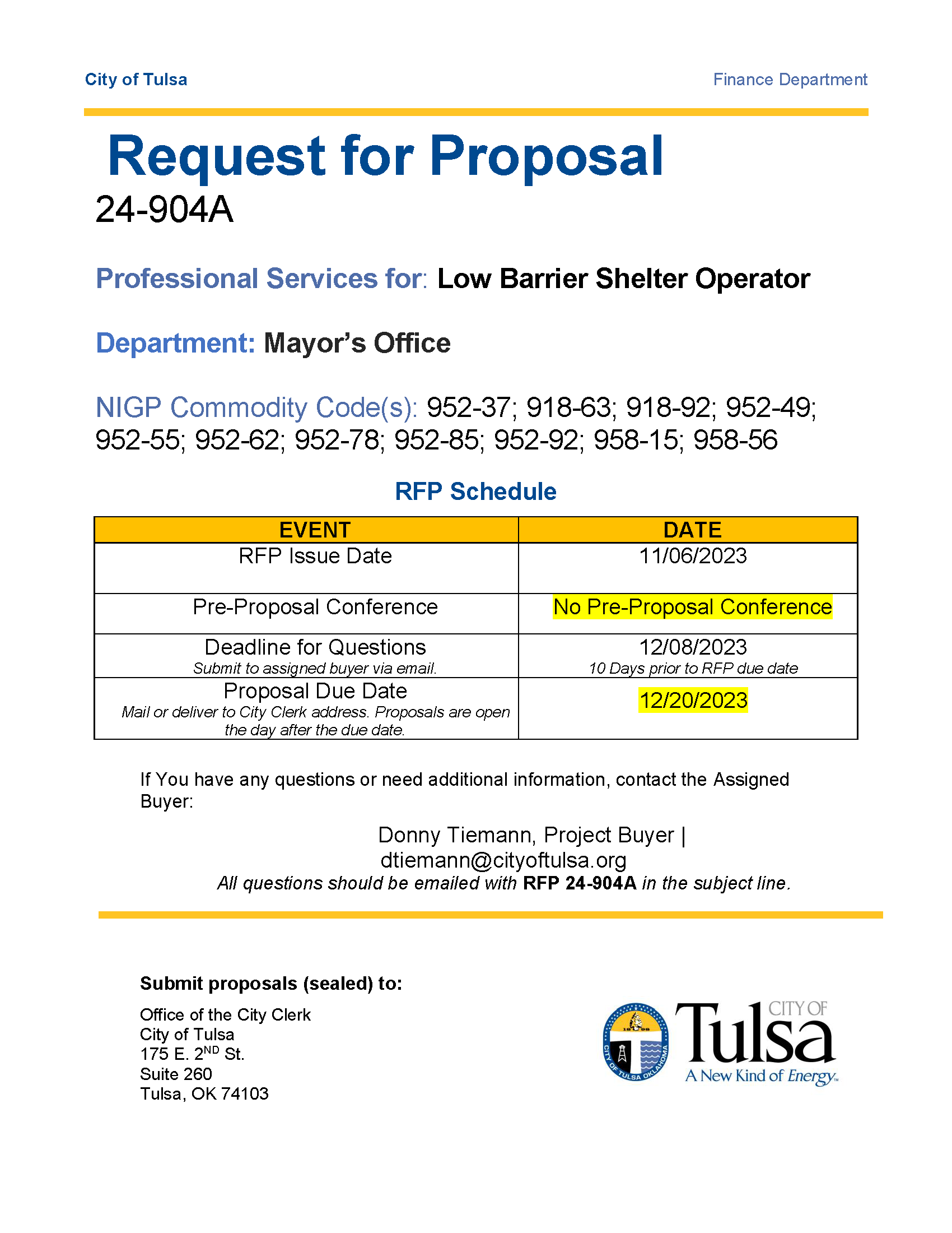 City of Tulsa's RFP for Low Barrier Shelter Housing Solutions Tulsa